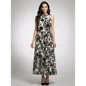 Alex Marie Black & White Floral Velvet-feel Maxi Dress Size 16 Halter Neck Bow